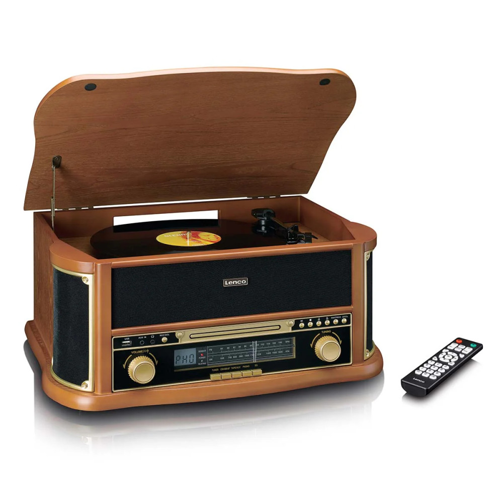 Wooden retro turntable with bluetooth, AM/FM radio, USB encoding, CD player, cassette player, and built-in speakers Lenco, wood