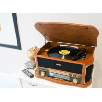 Wooden retro turntable with bluetooth, AM/FM radio, USB encoding, CD player, cassette player, and built-in speakers Lenco, wood